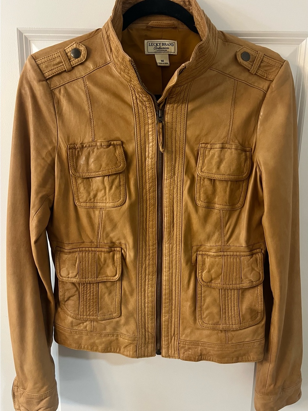 Lucky Brand Beige Leather Zip-Front Jacket